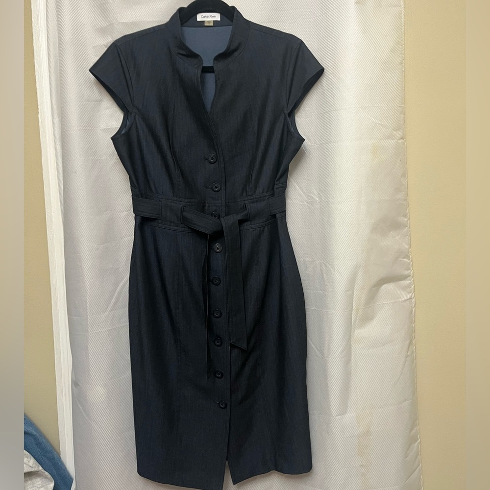 Calvin Klein  Cap sleeve Button front Navy Jean Midi Dress. 12.            #55